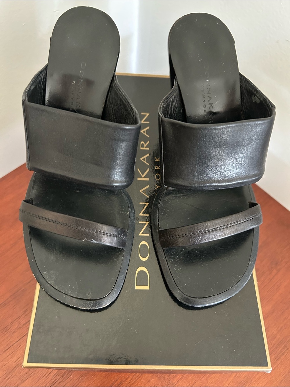 Donna Karan New York | Black Leather Double-Strap Slide Sandals | Size 6